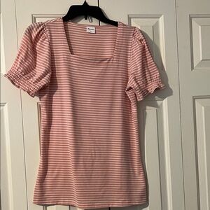 Square Neck Pink Striped Puff Sleeve Tee